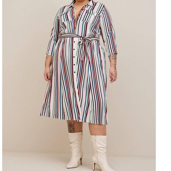 NEW TORRID Midi Shirt Dress Plus Size 2X Stretch Challis Button Front Stripes - Picture 1 of 10